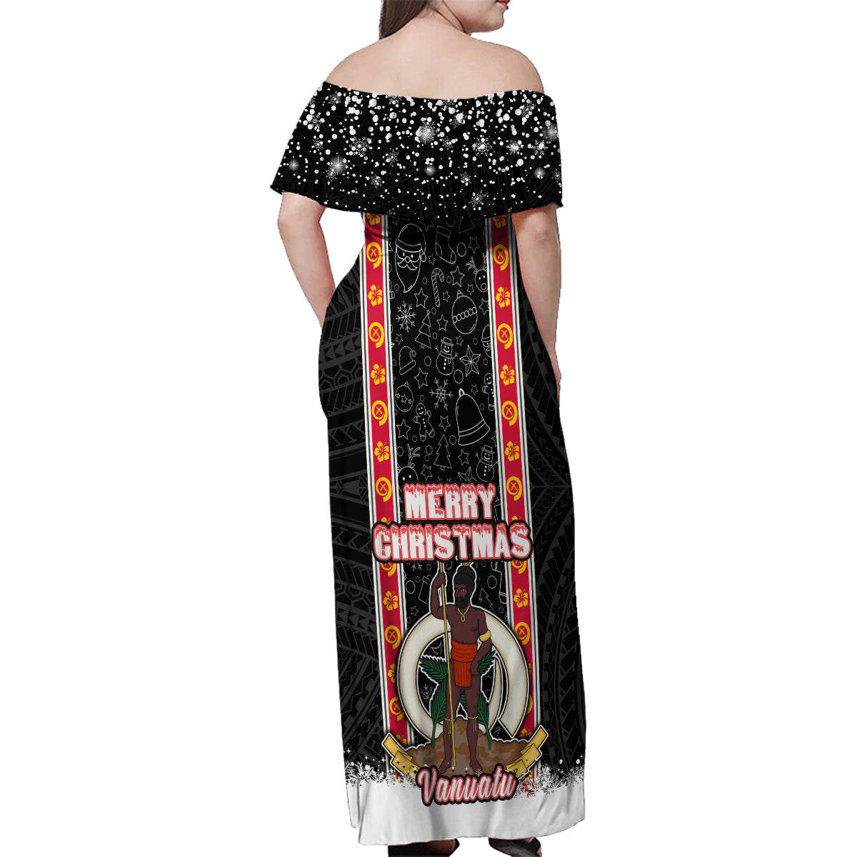 Vanuatu Christmas Family Matching Off Shoulder Maxi Dress and Hawaiian Shirt Polynesian Tribal Snow Style LT03 - Polynesian Pride