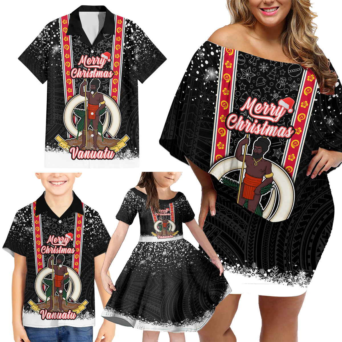 Vanuatu Christmas Family Matching Off Shoulder Short Dress and Hawaiian Shirt Polynesian Tribal Snow Style LT03 - Polynesian Pride