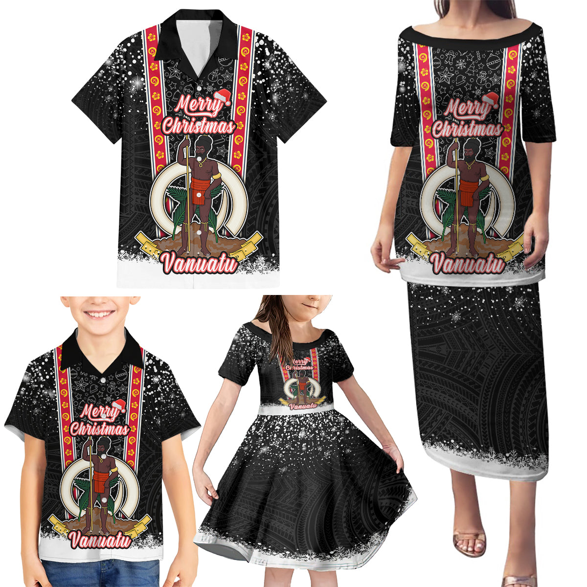 Vanuatu Christmas Family Matching Puletasi Dress and Hawaiian Shirt Polynesian Tribal Snow Style LT03 - Polynesian Pride