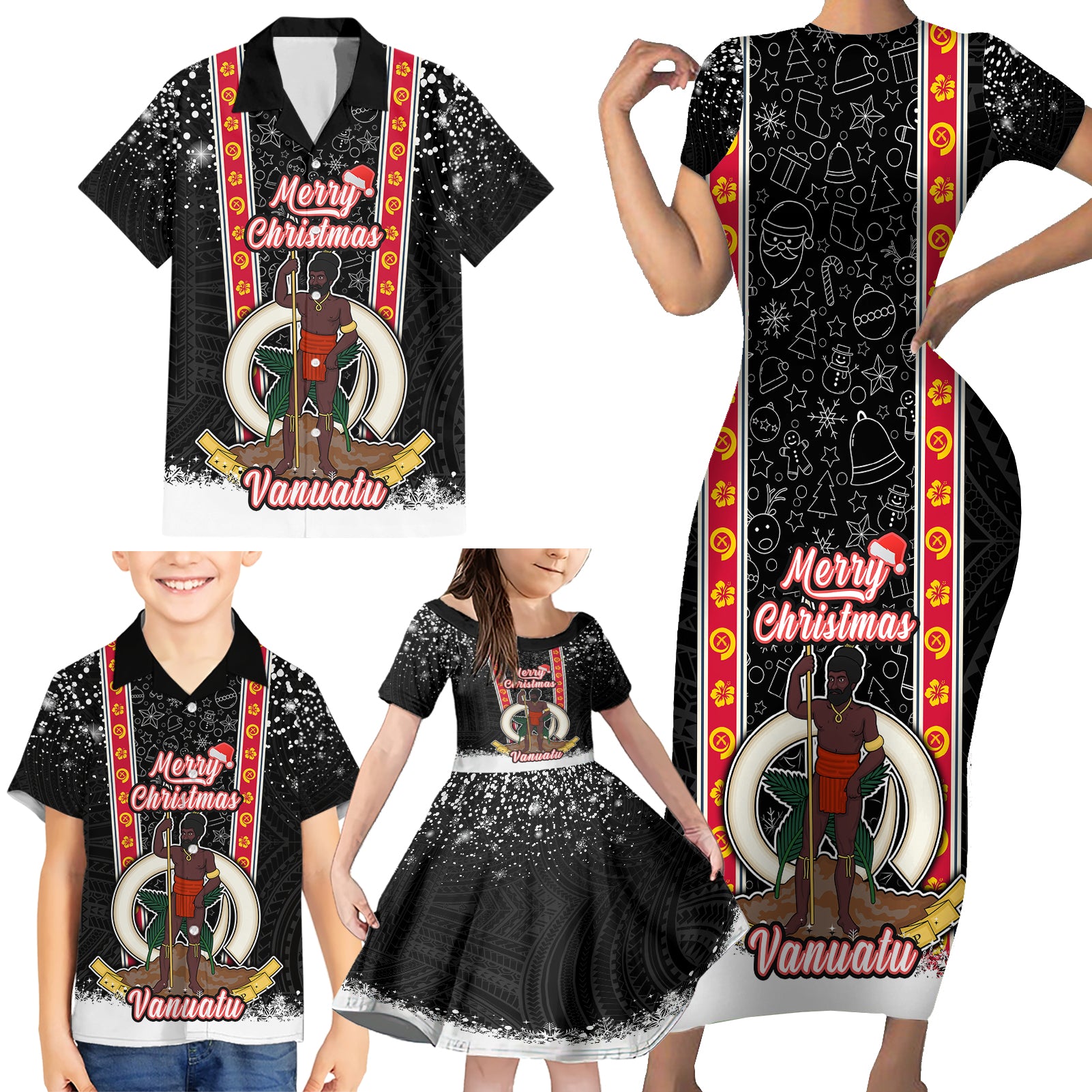 Vanuatu Christmas Family Matching Short Sleeve Bodycon Dress and Hawaiian Shirt Polynesian Tribal Snow Style LT03 - Polynesian Pride