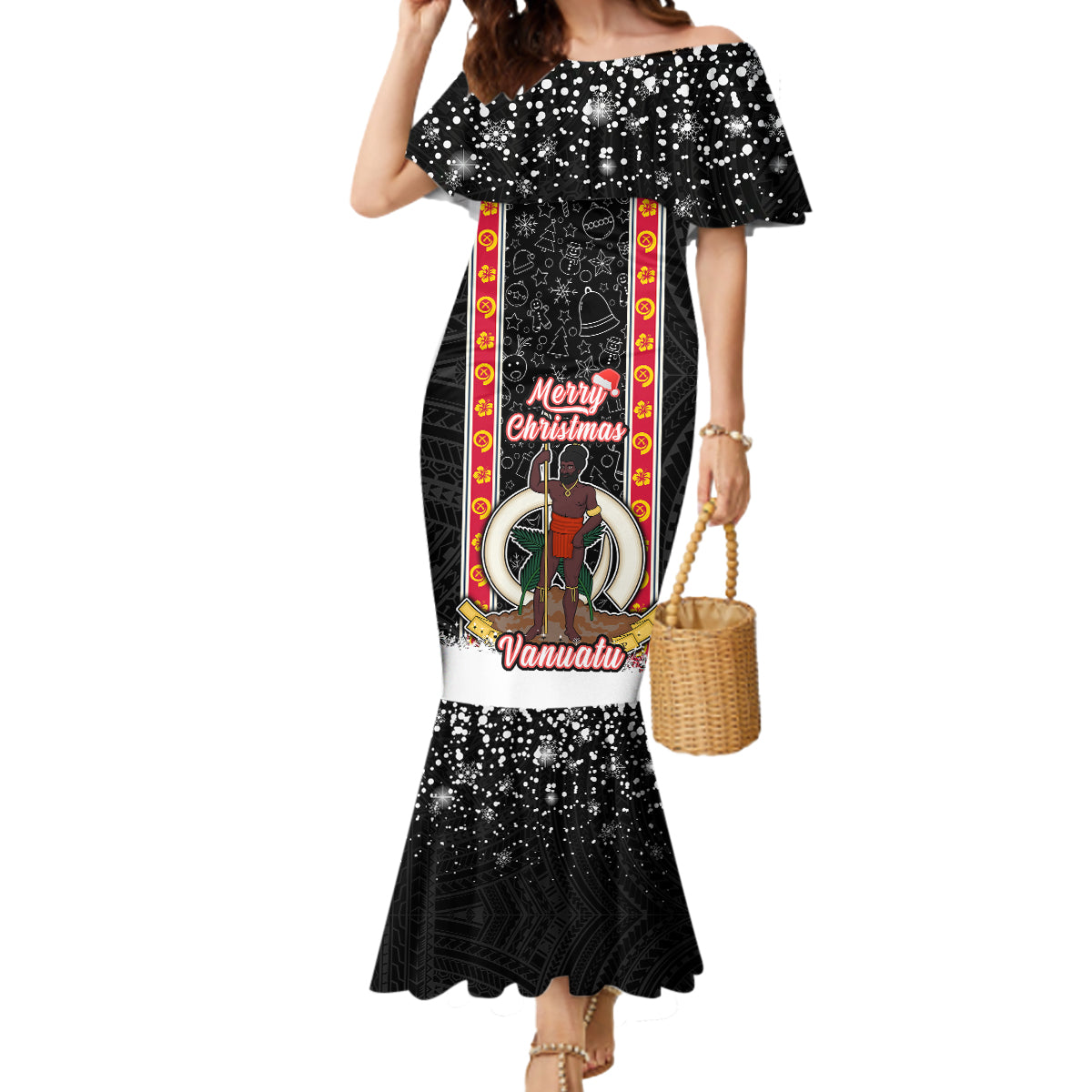 Vanuatu Christmas Mermaid Dress Polynesian Tribal Snow Style LT03 Women Black - Polynesian Pride