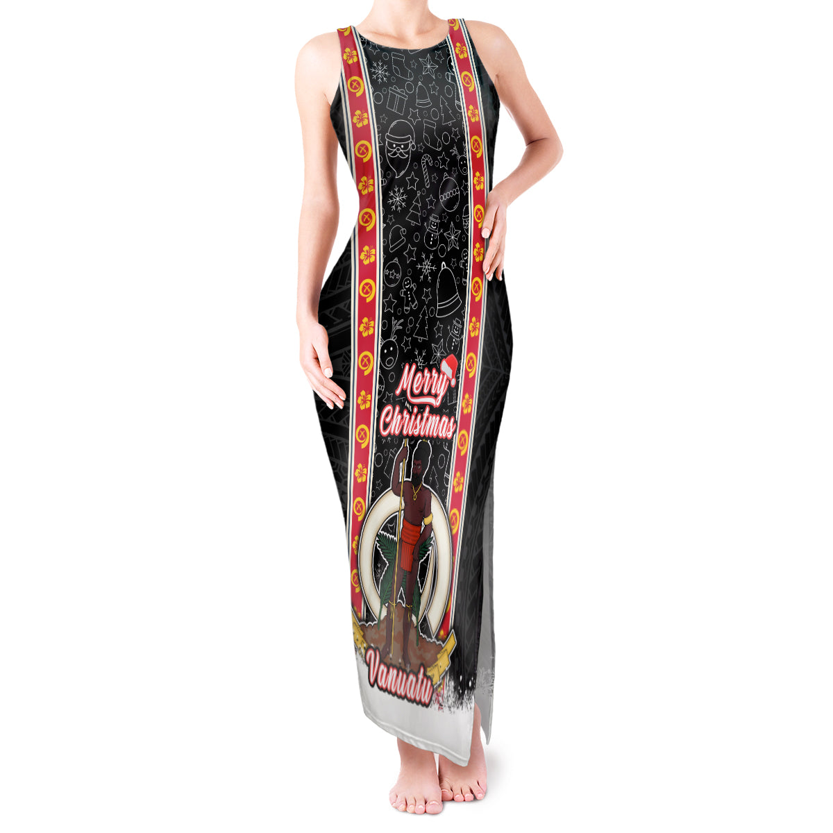 Vanuatu Christmas Tank Maxi Dress Polynesian Tribal Snow Style LT03 Women Black - Polynesian Pride