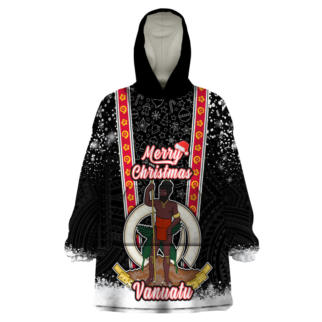 Vanuatu Christmas Wearable Blanket Hoodie Polynesian Tribal Snow Style LT03 One Size Black - Polynesian Pride