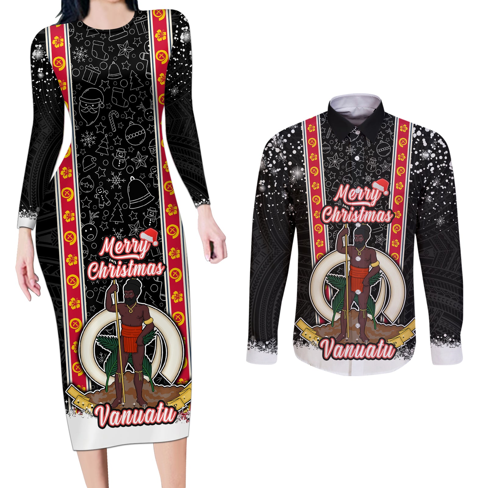 Personalised Vanuatu Christmas Couples Matching Long Sleeve Bodycon Dress and Long Sleeve Button Shirts Polynesian Tribal Snow Style LT03 Black - Polynesian Pride