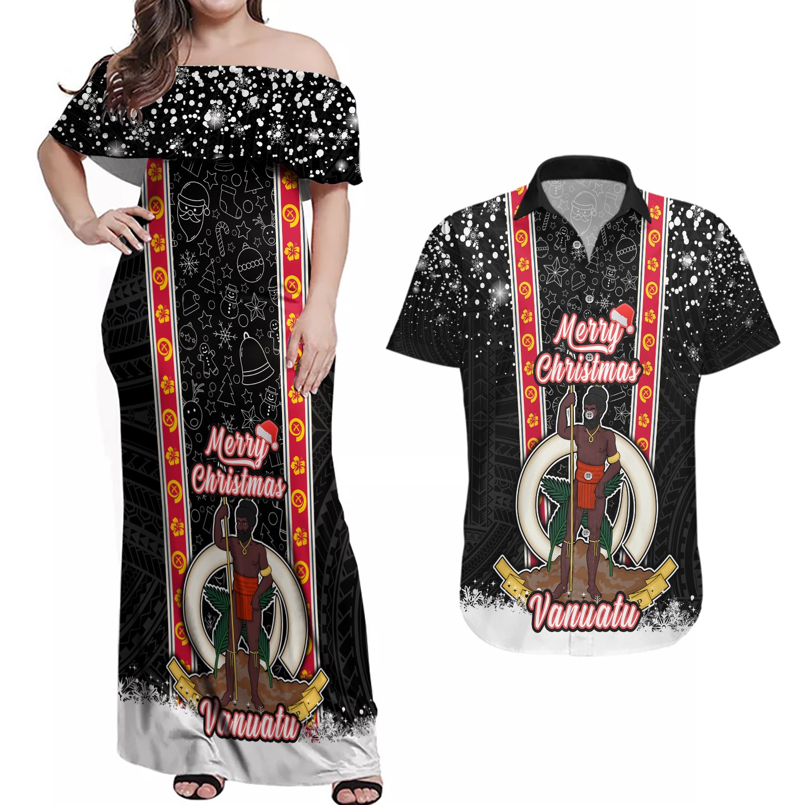 Personalised Vanuatu Christmas Couples Matching Off Shoulder Maxi Dress and Hawaiian Shirt Polynesian Tribal Snow Style LT03 Black - Polynesian Pride