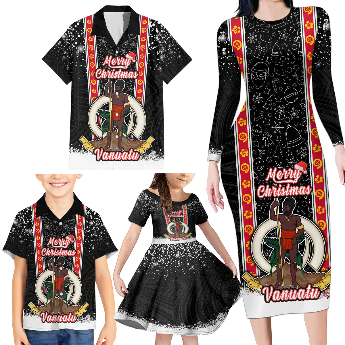 Personalised Vanuatu Christmas Family Matching Long Sleeve Bodycon Dress and Hawaiian Shirt Polynesian Tribal Snow Style LT03 - Polynesian Pride