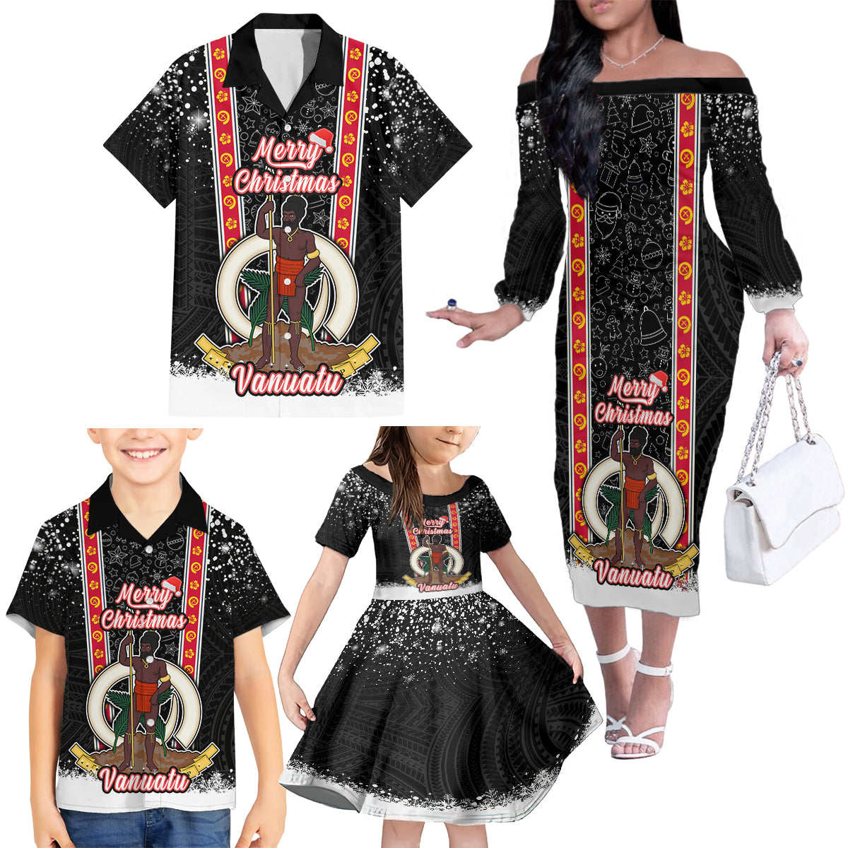 Personalised Vanuatu Christmas Family Matching Off Shoulder Long Sleeve Dress and Hawaiian Shirt Polynesian Tribal Snow Style LT03 - Polynesian Pride