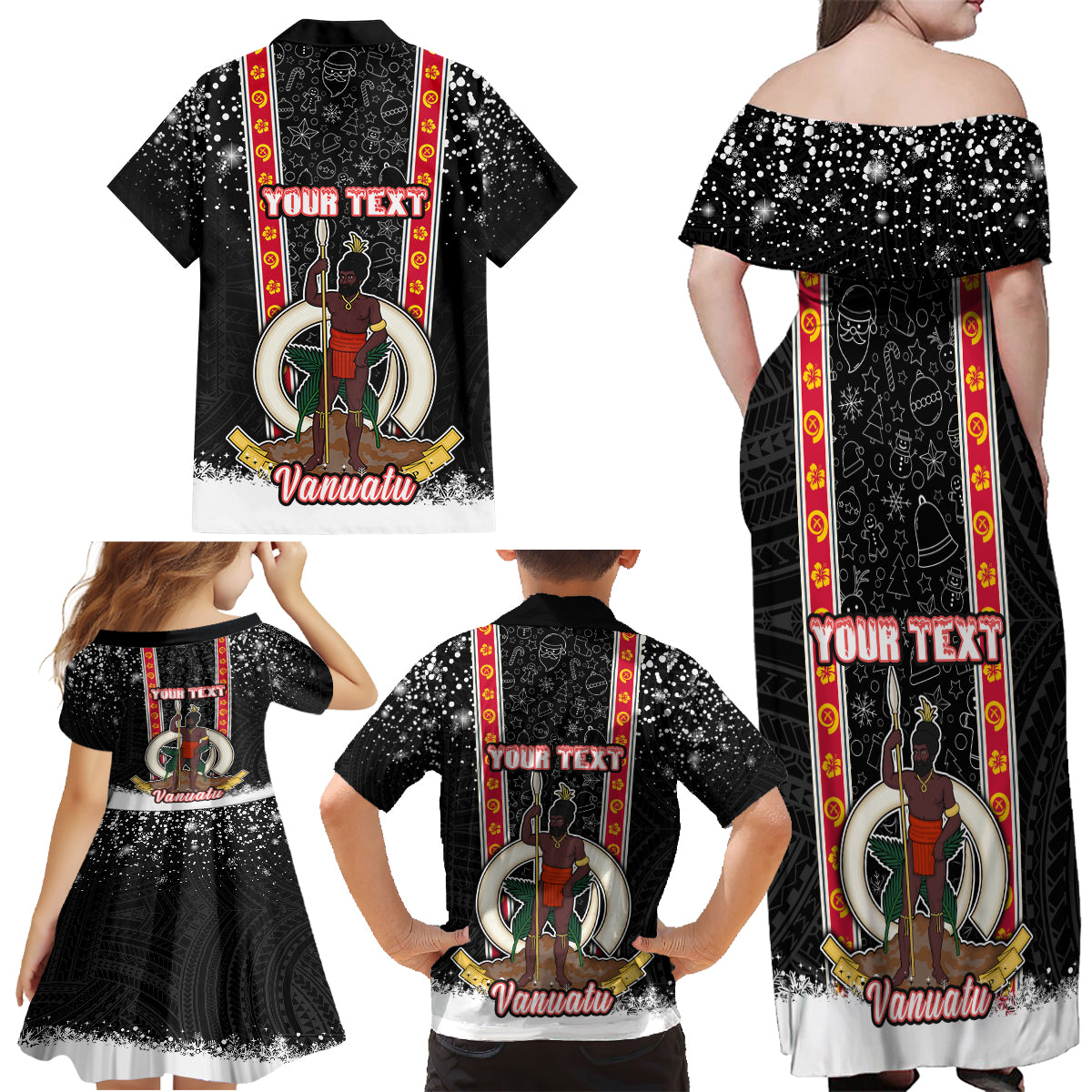 Personalised Vanuatu Christmas Family Matching Off Shoulder Maxi Dress and Hawaiian Shirt Polynesian Tribal Snow Style LT03 - Polynesian Pride