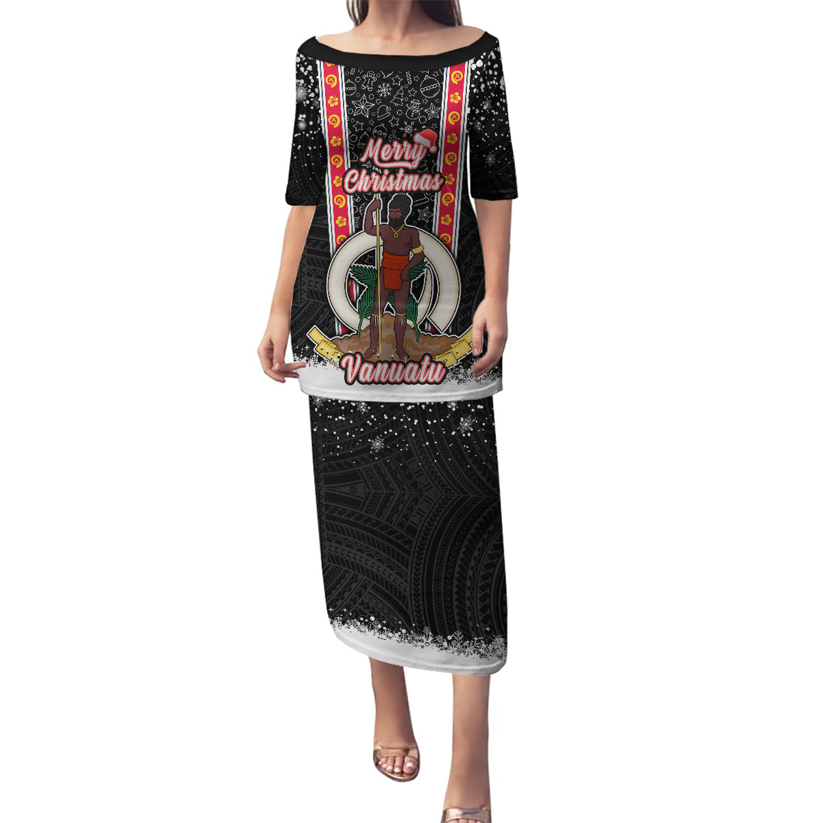 Personalised Vanuatu Christmas Family Matching Puletasi Dress and Hawaiian Shirt Polynesian Tribal Snow Style LT03 Mom's Dress Black - Polynesian Pride
