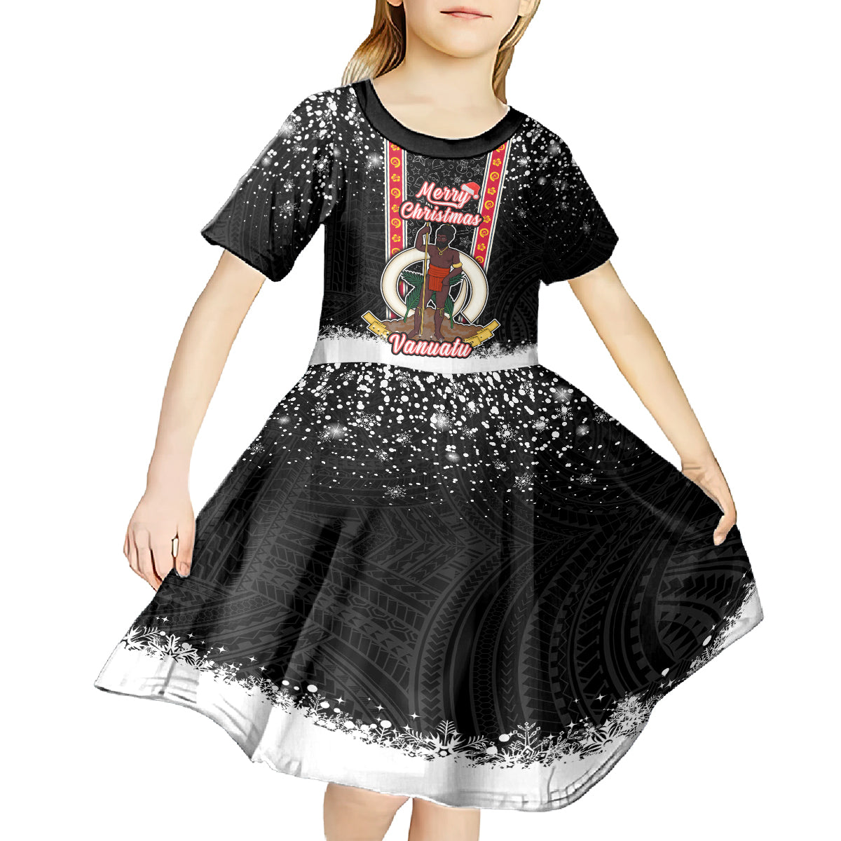 Personalised Vanuatu Christmas Kid Short Sleeve Dress Polynesian Tribal Snow Style LT03 - Polynesian Pride
