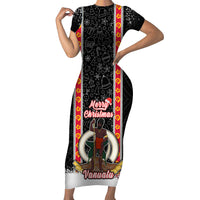 Personalised Vanuatu Christmas Short Sleeve Bodycon Dress Polynesian Tribal Snow Style LT03 Long Dress Black - Polynesian Pride