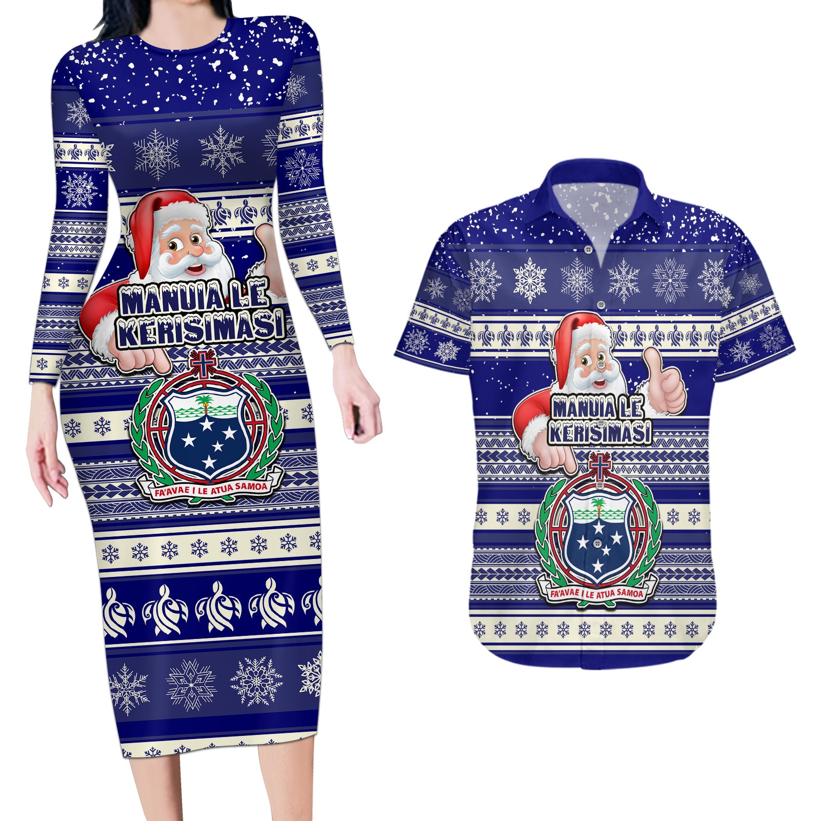 Samoa Christmas Couples Matching Long Sleeve Bodycon Dress and Hawaiian Shirt The Santa Coat of Arms with Samoa Bracelet Pattern LT03 Blue - Polynesian Pride