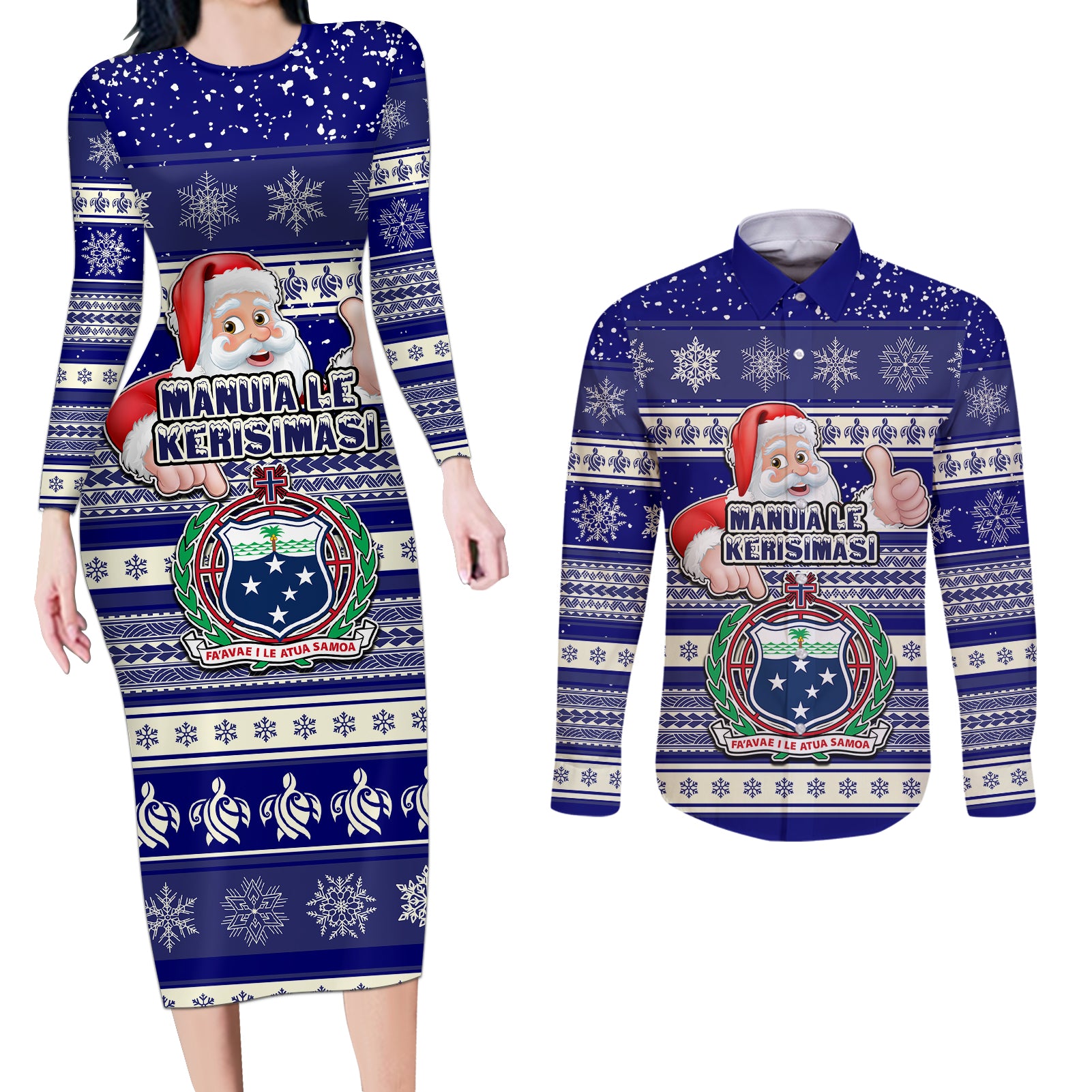 Samoa Christmas Couples Matching Long Sleeve Bodycon Dress and Long Sleeve Button Shirts The Santa Coat of Arms with Samoa Bracelet Pattern LT03 Blue - Polynesian Pride