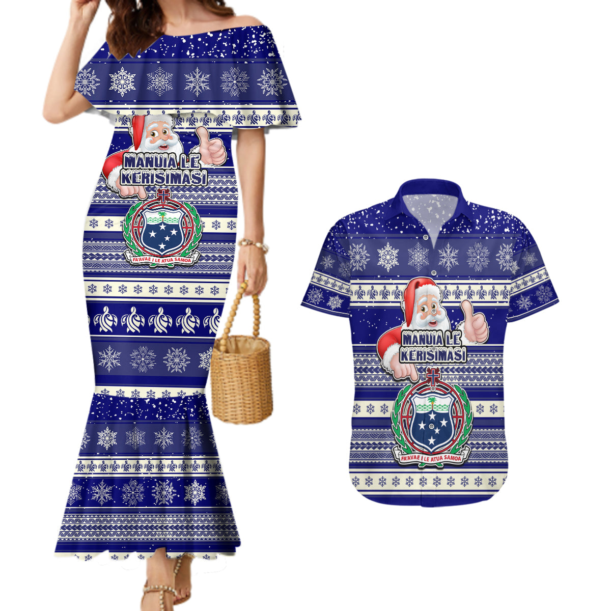 Samoa Christmas Couples Matching Mermaid Dress and Hawaiian Shirt The Santa Coat of Arms with Samoa Bracelet Pattern LT03 Blue - Polynesian Pride