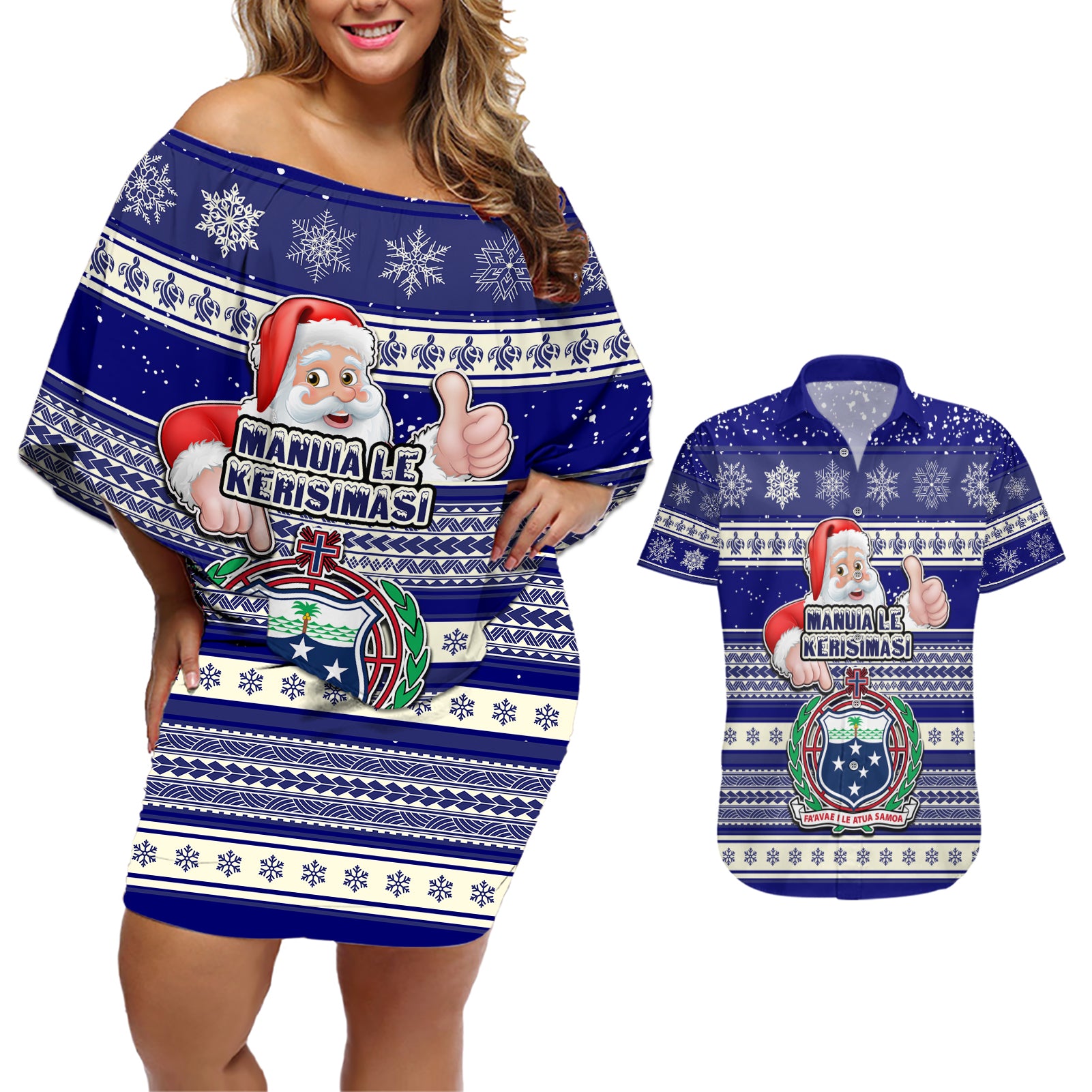 Samoa Christmas Couples Matching Off Shoulder Short Dress and Hawaiian Shirt The Santa Coat of Arms with Samoa Bracelet Pattern LT03 Blue - Polynesian Pride