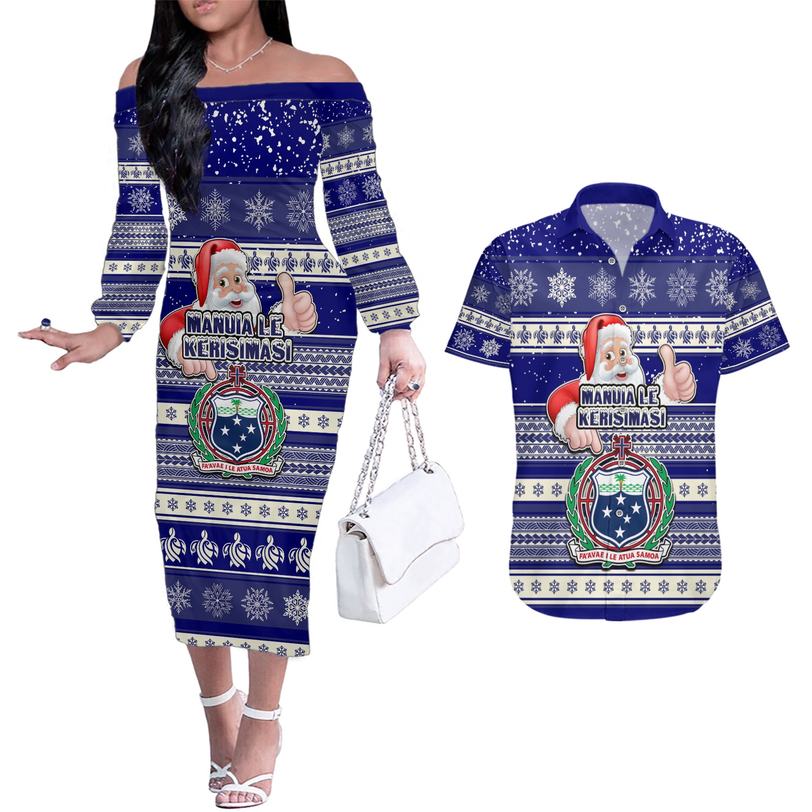 Samoa Christmas Couples Matching Off The Shoulder Long Sleeve Dress and Hawaiian Shirt The Santa Coat of Arms with Samoa Bracelet Pattern LT03 Blue - Polynesian Pride