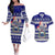 Samoa Christmas Couples Matching Off The Shoulder Long Sleeve Dress and Hawaiian Shirt The Santa Coat of Arms with Samoa Bracelet Pattern LT03 Blue - Polynesian Pride