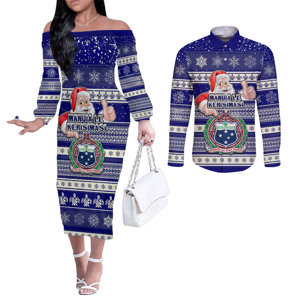 Samoa Christmas Couples Matching Off The Shoulder Long Sleeve Dress and Long Sleeve Button Shirts The Santa Coat of Arms with Samoa Bracelet Pattern LT03 Blue - Polynesian Pride