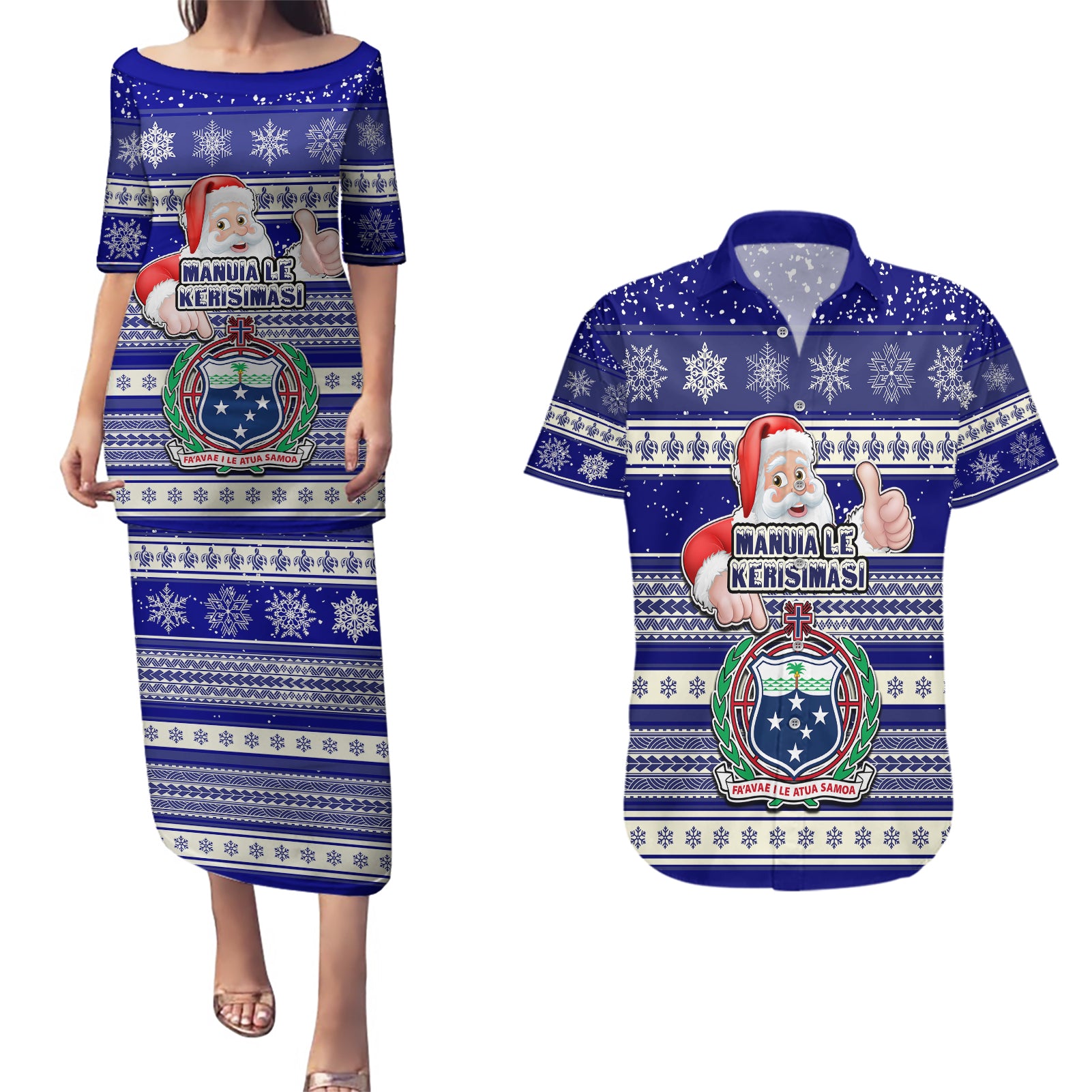 Samoa Christmas Couples Matching Puletasi Dress and Hawaiian Shirt The Santa Coat of Arms with Samoa Bracelet Pattern LT03 Blue - Polynesian Pride