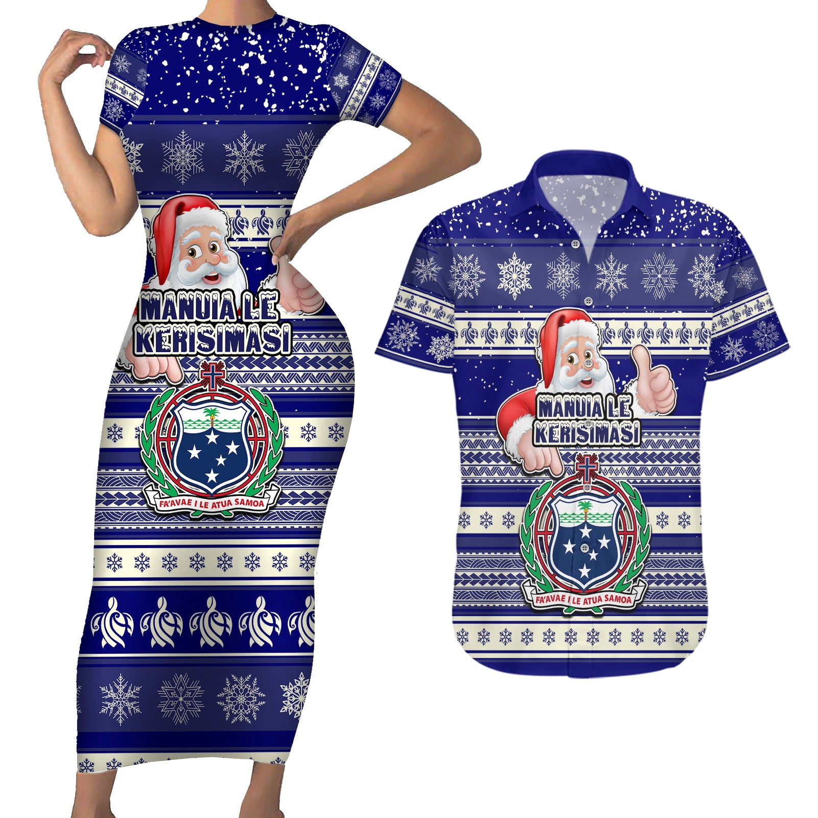 Samoa Christmas Couples Matching Short Sleeve Bodycon Dress and Hawaiian Shirt The Santa Coat of Arms with Samoa Bracelet Pattern LT03 Blue - Polynesian Pride