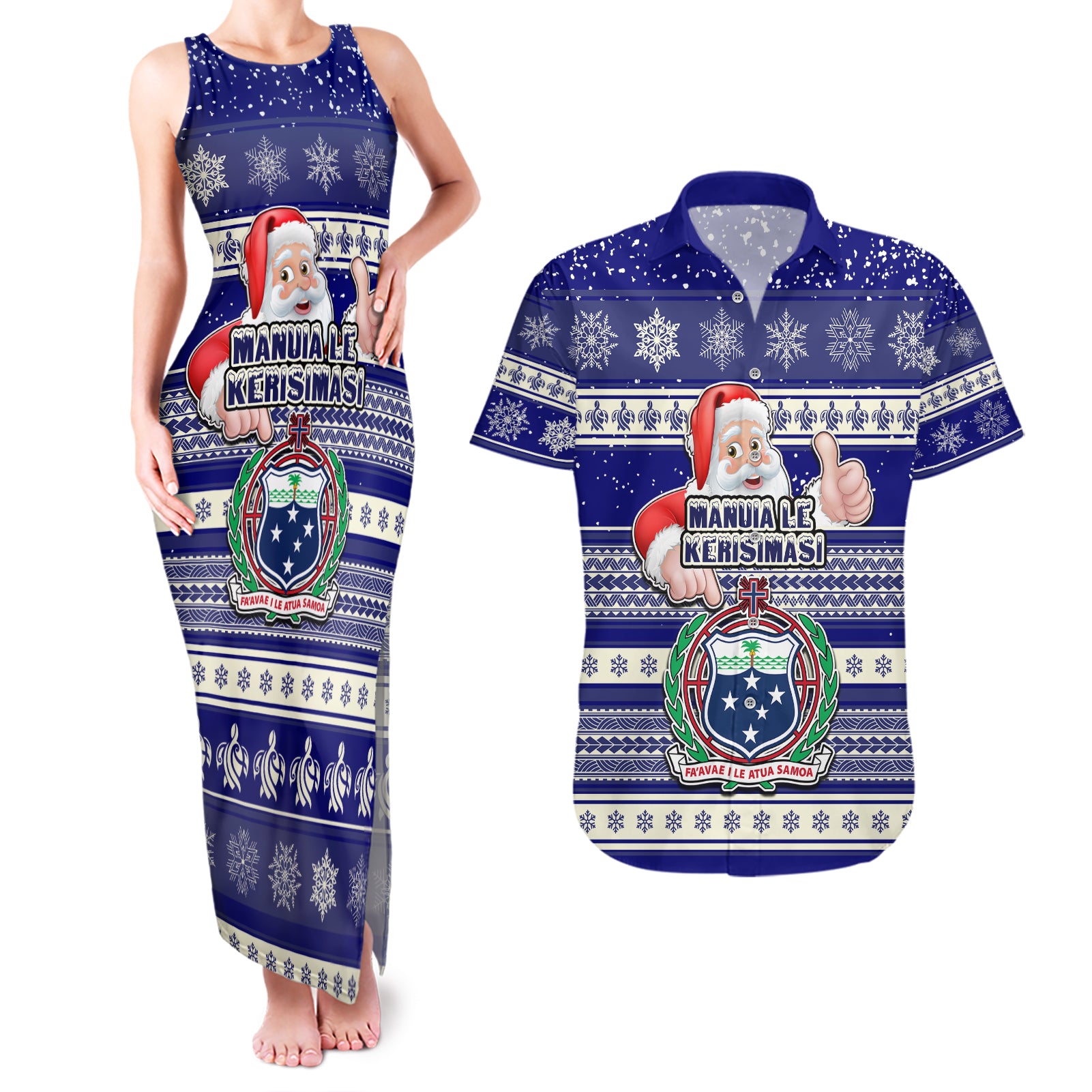 Samoa Christmas Couples Matching Tank Maxi Dress and Hawaiian Shirt The Santa Coat of Arms with Samoa Bracelet Pattern LT03 Blue - Polynesian Pride