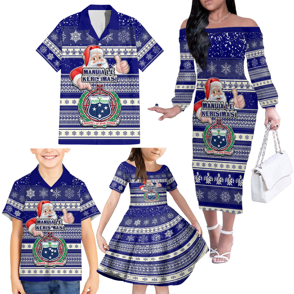 Samoa Christmas Family Matching Off Shoulder Long Sleeve Dress and Hawaiian Shirt The Santa Coat of Arms with Samoa Bracelet Pattern LT03 - Polynesian Pride