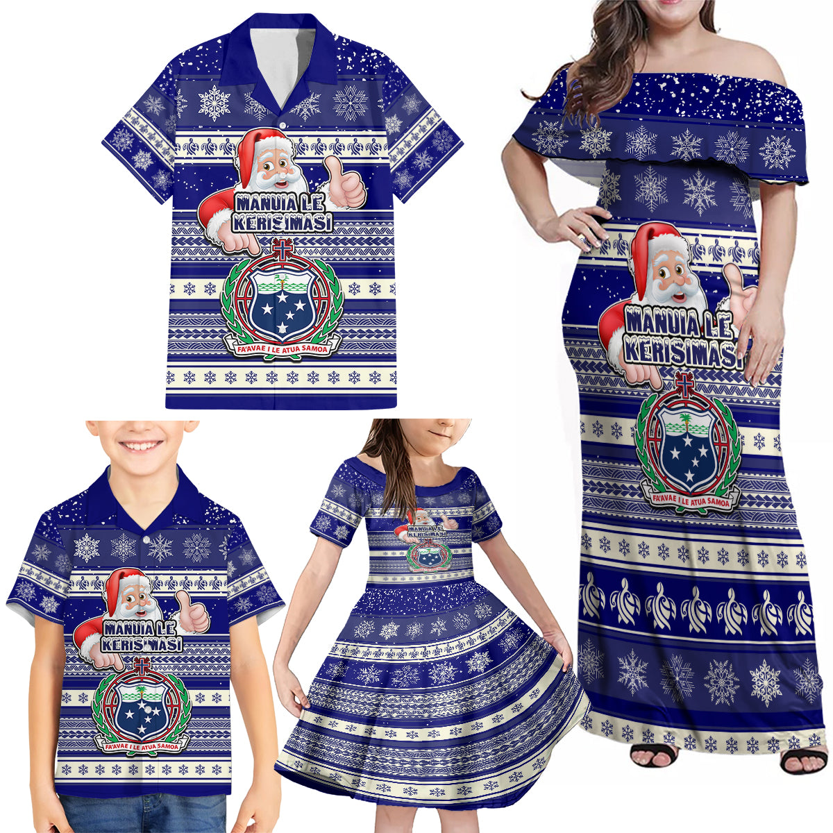 Samoa Christmas Family Matching Off Shoulder Maxi Dress and Hawaiian Shirt The Santa Coat of Arms with Samoa Bracelet Pattern LT03 - Polynesian Pride