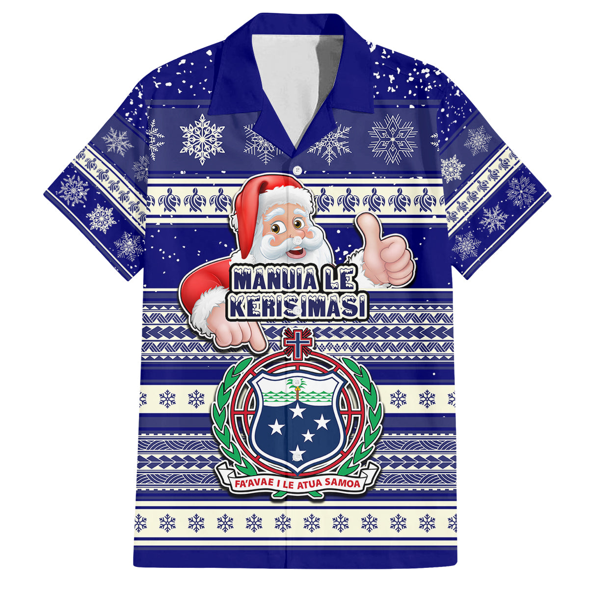 Samoa Christmas Family Matching Off Shoulder Short Dress and Hawaiian Shirt The Santa Coat of Arms with Samoa Bracelet Pattern LT03 Dad's Shirt - Short Sleeve Blue - Polynesian Pride