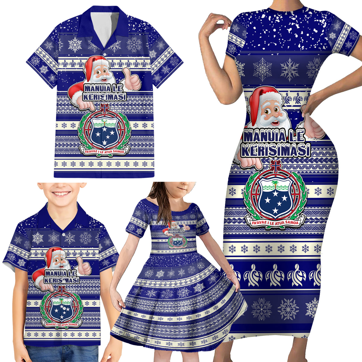 Samoa Christmas Family Matching Short Sleeve Bodycon Dress and Hawaiian Shirt The Santa Coat of Arms with Samoa Bracelet Pattern LT03 - Polynesian Pride