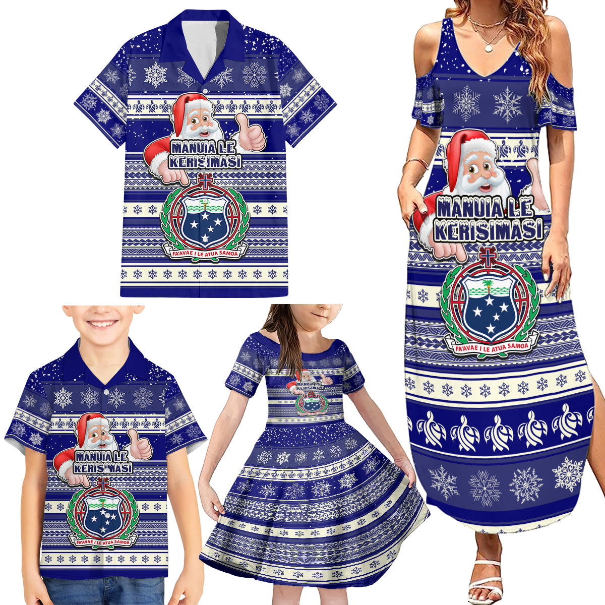 Samoa Christmas Family Matching Summer Maxi Dress and Hawaiian Shirt The Santa Coat of Arms with Samoa Bracelet Pattern LT03 - Polynesian Pride