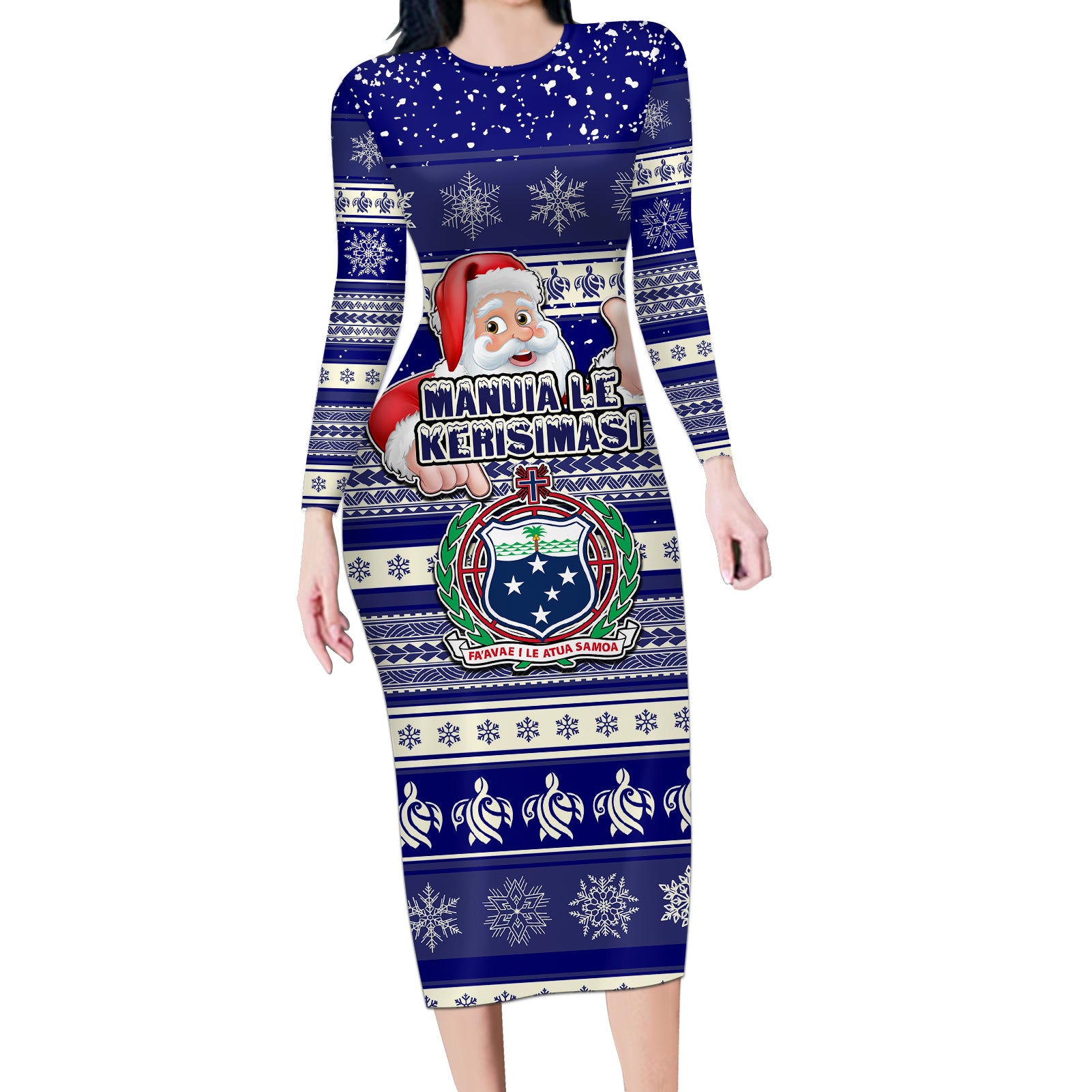 Samoa Christmas Long Sleeve Bodycon Dress The Santa Coat of Arms with Samoa Bracelet Pattern LT03 Long Dress Blue - Polynesian Pride