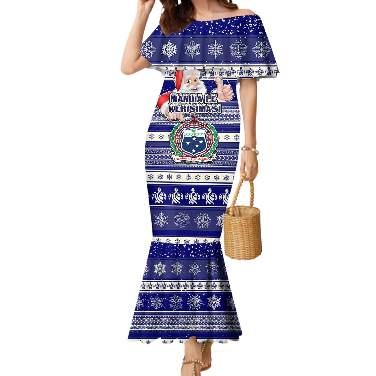 Samoa Christmas Mermaid Dress The Santa Coat of Arms with Samoa Bracelet Pattern LT03 Women Blue - Polynesian Pride