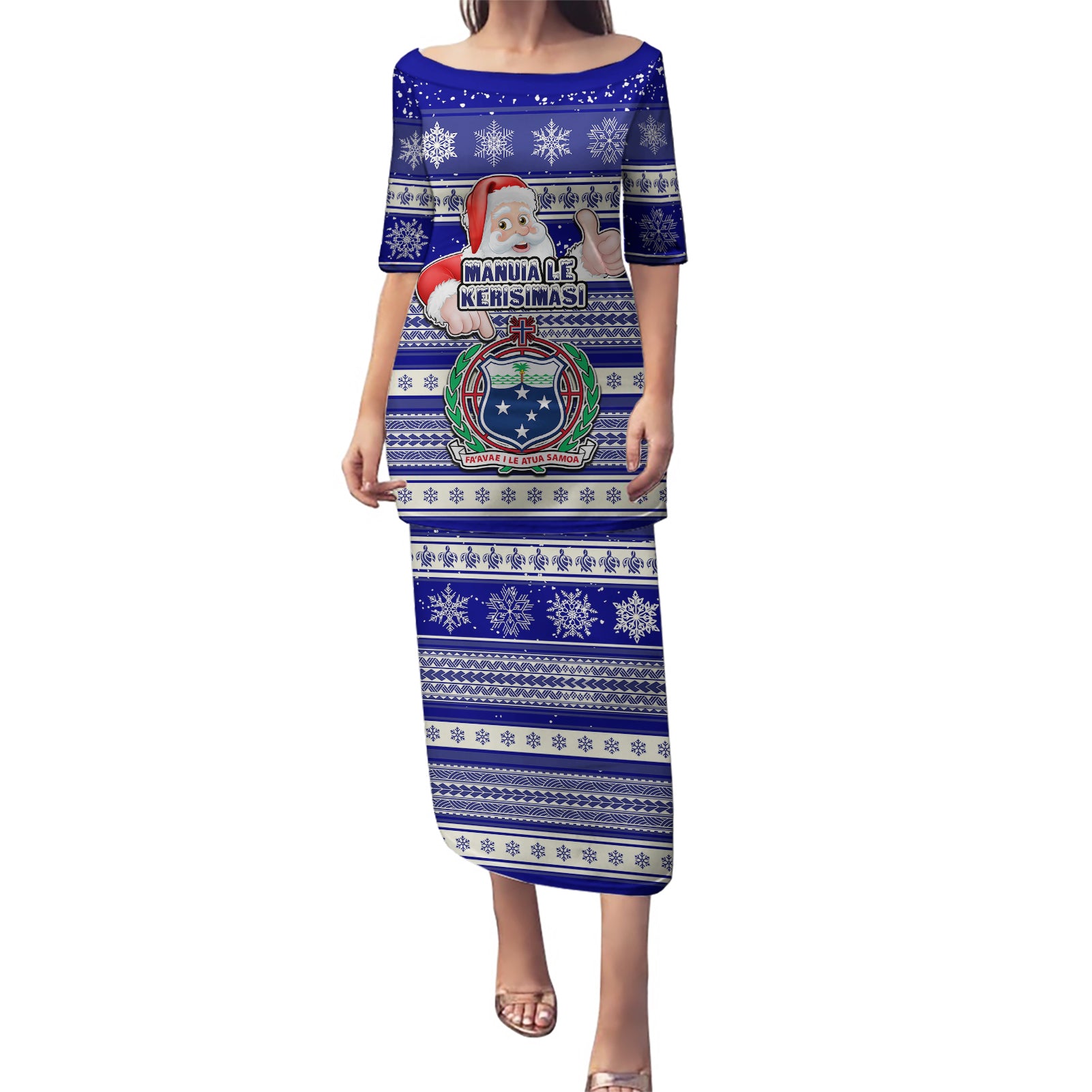 Samoa Christmas Puletasi The Santa Coat of Arms with Samoa Bracelet Pattern LT03 Long Dress Blue - Polynesian Pride