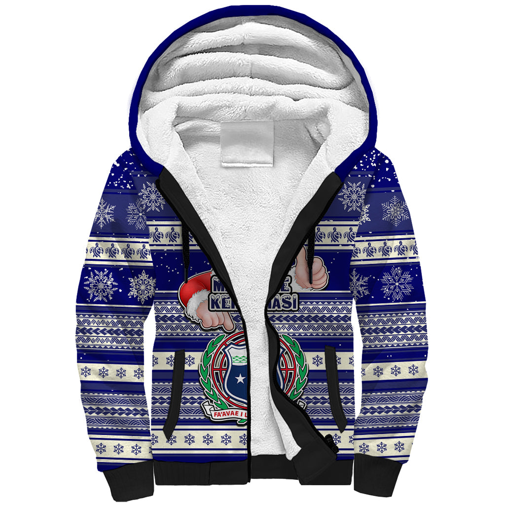 Samoa Christmas Sherpa Hoodie The Santa Coat of Arms with Samoa Bracelet Pattern LT03 Unisex Blue - Polynesian Pride