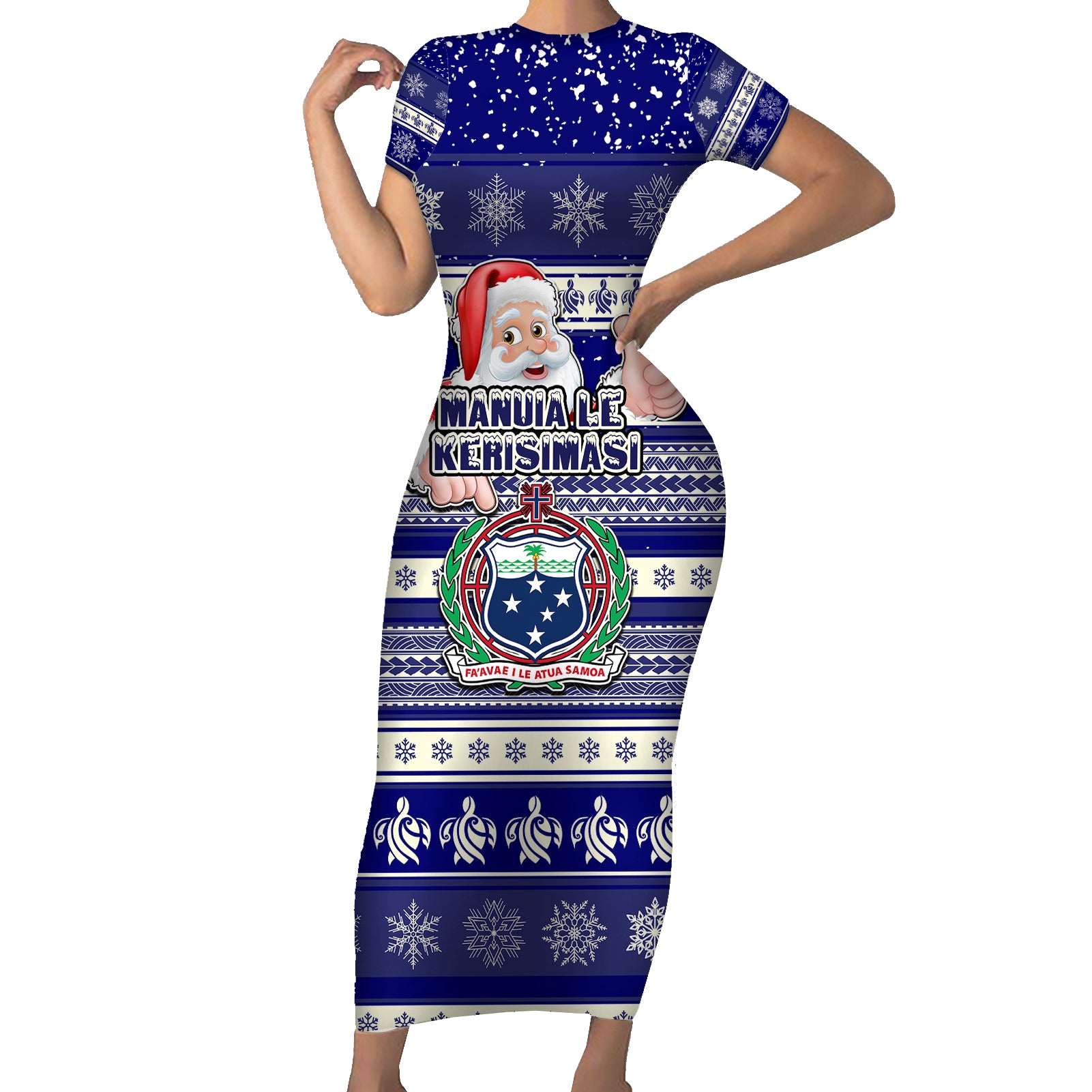 Samoa Christmas Short Sleeve Bodycon Dress The Santa Coat of Arms with Samoa Bracelet Pattern LT03 Long Dress Blue - Polynesian Pride