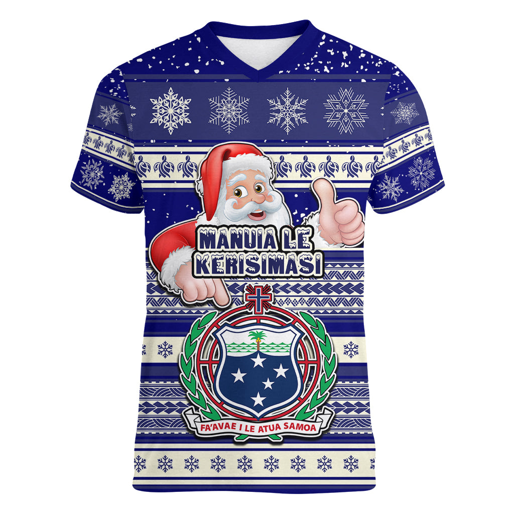 Samoa Christmas Women V Neck T Shirt The Santa Coat of Arms with Samoa Bracelet Pattern LT03 Female Blue - Polynesian Pride