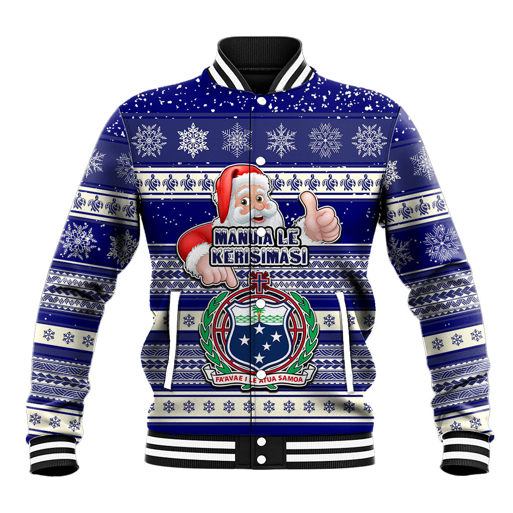 Custom Samoa Christmas Baseball Jacket The Santa Coat of Arms with Samoa Bracelet Pattern LT03 Unisex Blue - Polynesian Pride