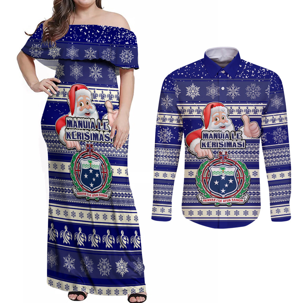 Custom Samoa Christmas Couples Matching Off Shoulder Maxi Dress and Long Sleeve Button Shirts The Santa Coat of Arms with Samoa Bracelet Pattern LT03 Blue - Polynesian Pride