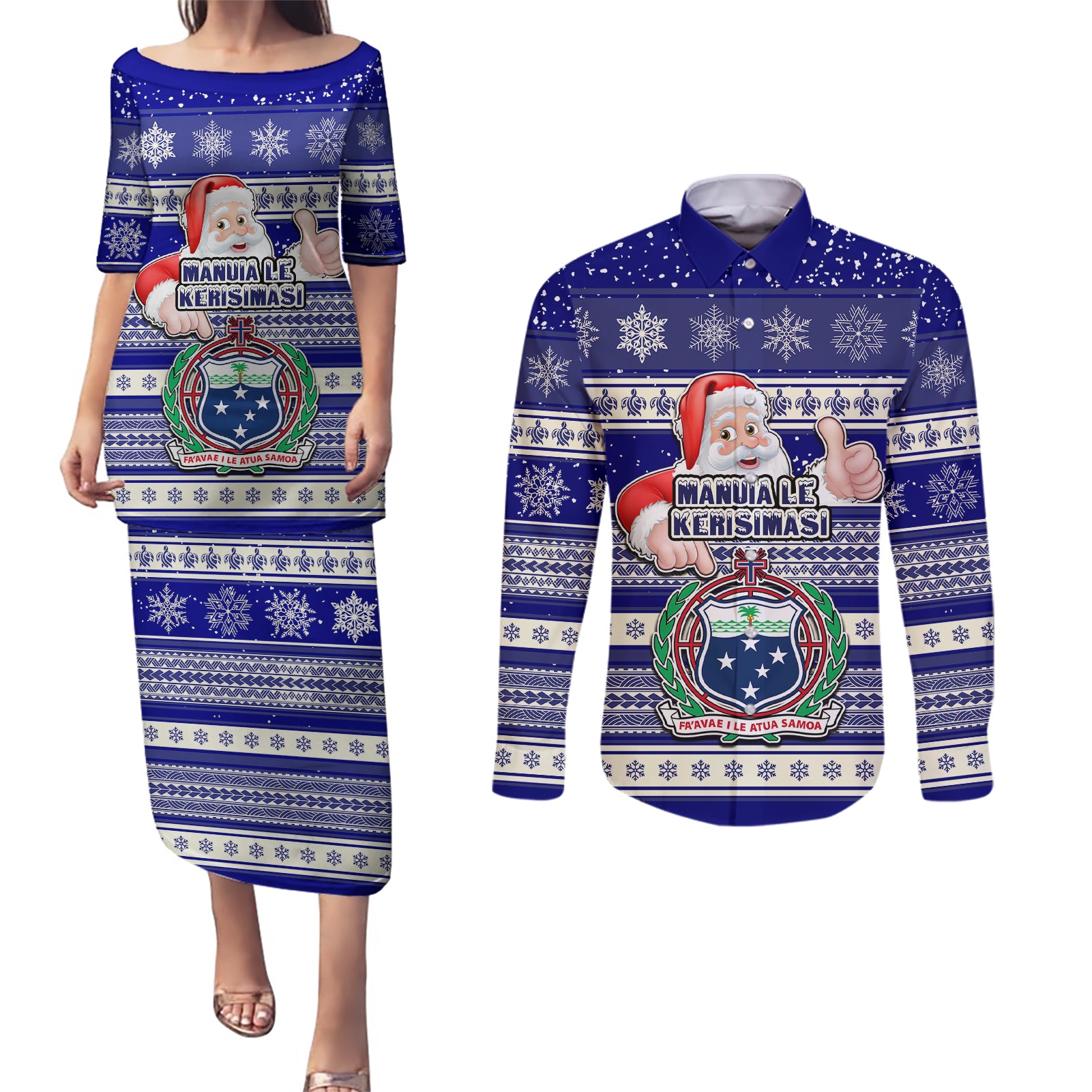 Custom Samoa Christmas Couples Matching Puletasi Dress and Long Sleeve Button Shirts The Santa Coat of Arms with Samoa Bracelet Pattern LT03 Blue - Polynesian Pride