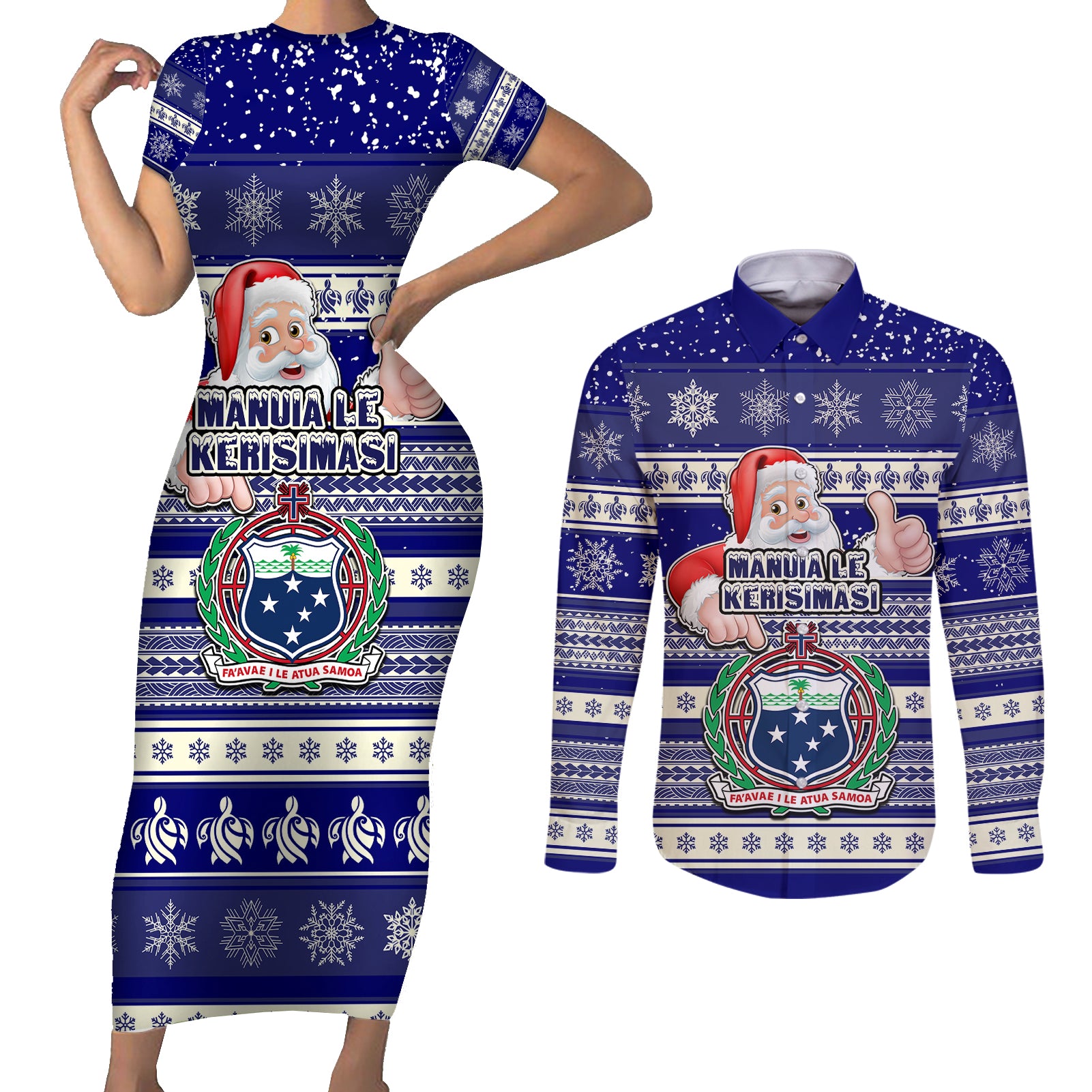 Custom Samoa Christmas Couples Matching Short Sleeve Bodycon Dress and Long Sleeve Button Shirts The Santa Coat of Arms with Samoa Bracelet Pattern LT03 Blue - Polynesian Pride