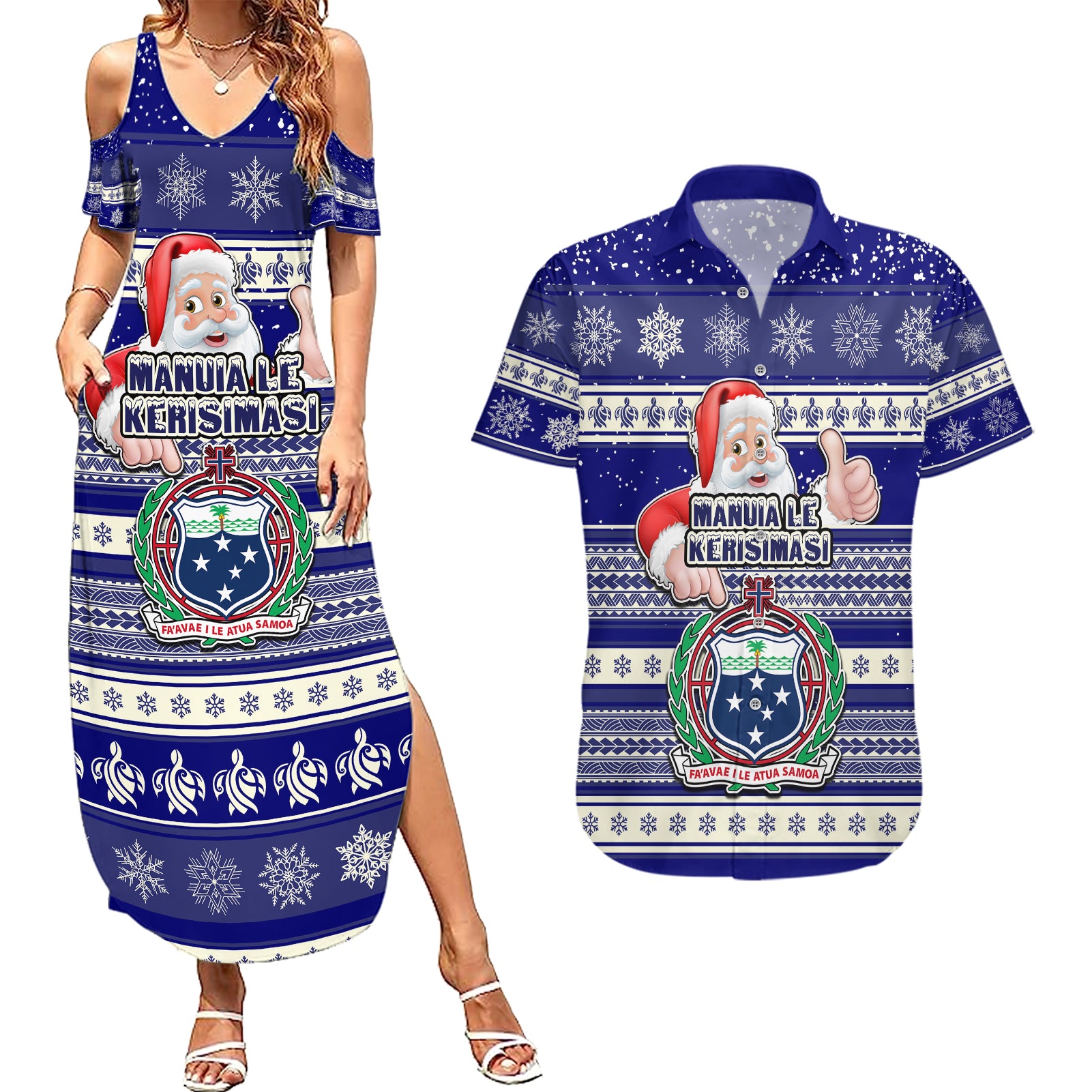 Custom Samoa Christmas Couples Matching Summer Maxi Dress and Hawaiian Shirt The Santa Coat of Arms with Samoa Bracelet Pattern LT03 Blue - Polynesian Pride