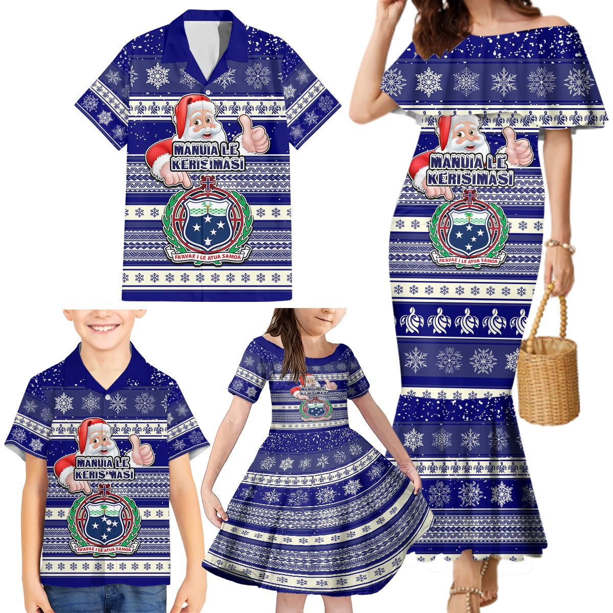 Custom Samoa Christmas Family Matching Mermaid Dress and Hawaiian Shirt The Santa Coat of Arms with Samoa Bracelet Pattern LT03 - Polynesian Pride