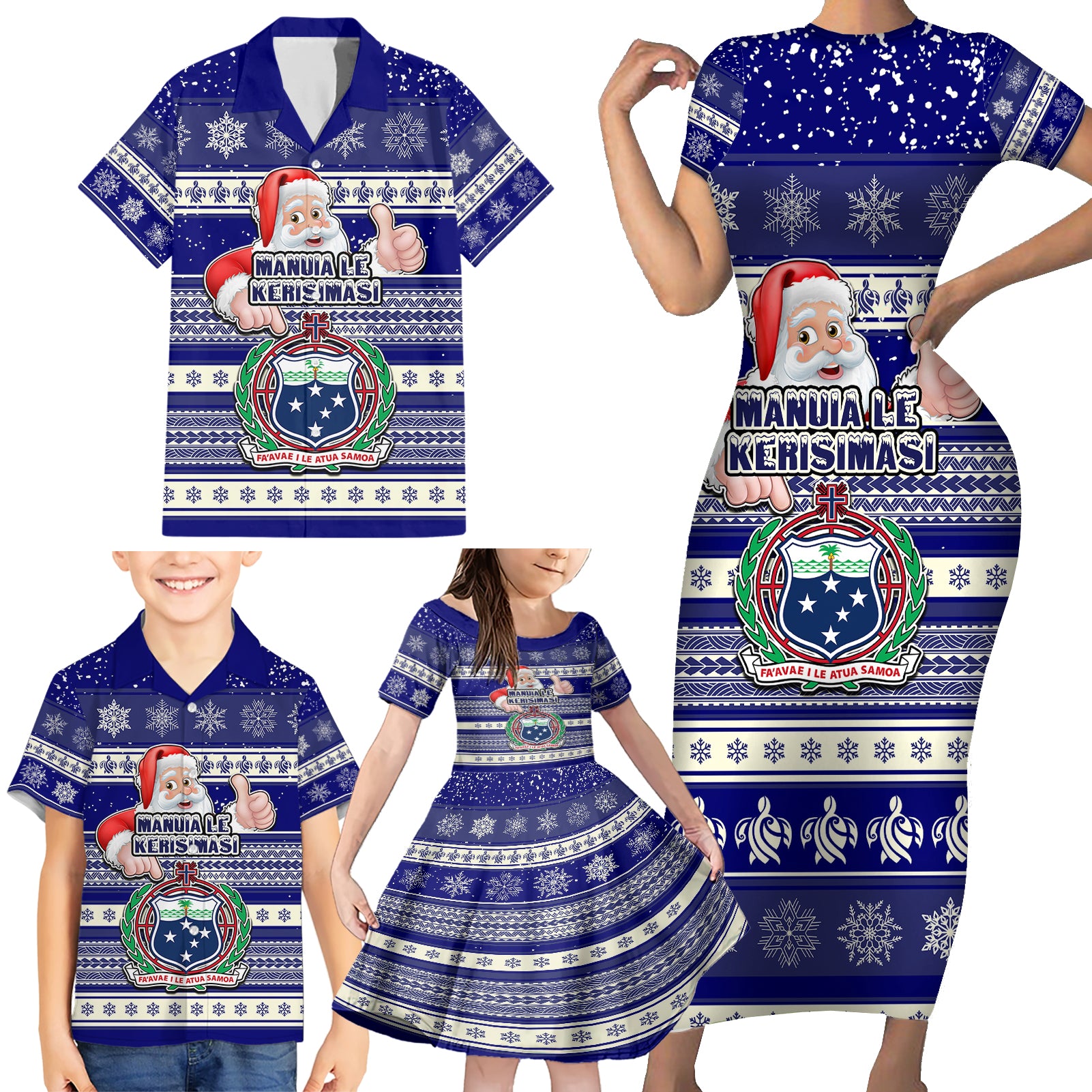 Custom Samoa Christmas Family Matching Short Sleeve Bodycon Dress and Hawaiian Shirt The Santa Coat of Arms with Samoa Bracelet Pattern LT03 - Polynesian Pride