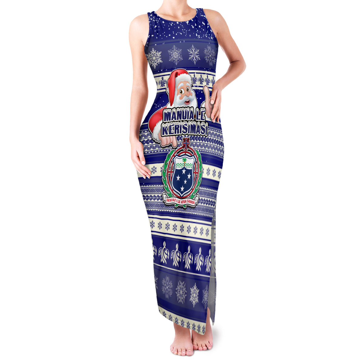 Custom Samoa Christmas Family Matching Tank Maxi Dress and Hawaiian Shirt The Santa Coat of Arms with Samoa Bracelet Pattern LT03 Mom's Dress Blue - Polynesian Pride