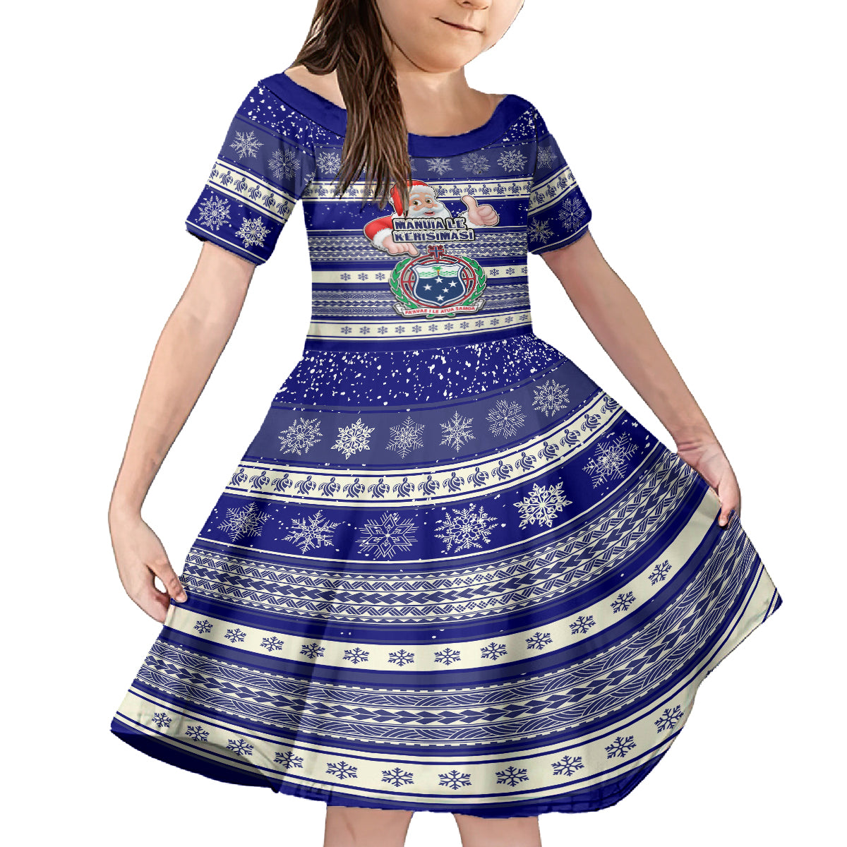 Custom Samoa Christmas Kid Short Sleeve Dress The Santa Coat of Arms with Samoa Bracelet Pattern LT03 KID Blue - Polynesian Pride