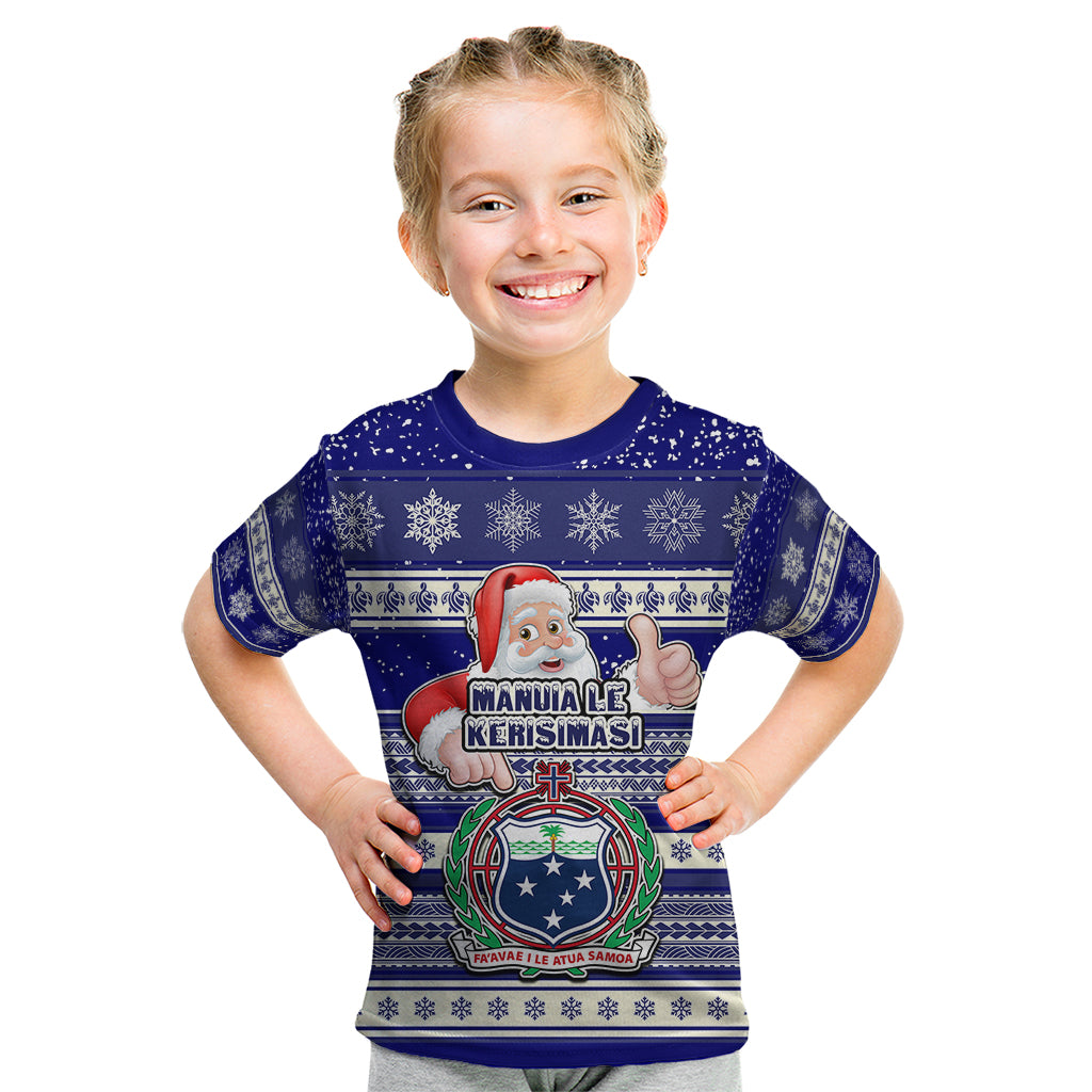 Custom Samoa Christmas Kid T Shirt The Santa Coat of Arms with Samoa Bracelet Pattern LT03 Blue - Polynesian Pride