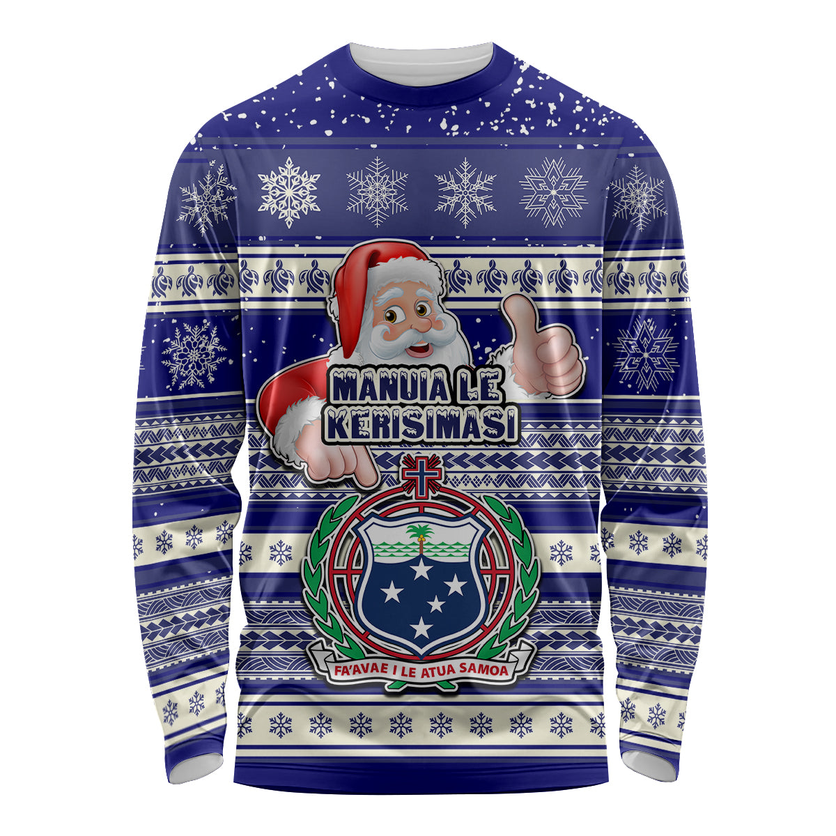 Custom Samoa Christmas Long Sleeve Shirt The Santa Coat of Arms with Samoa Bracelet Pattern LT03 Unisex Blue - Polynesian Pride