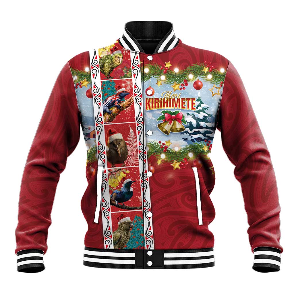 New Zealand Merry Christmas Baseball Jacket Maori Animals, Koru Tattoo - Red Xmas Style LT03 Unisex Red - Polynesian Pride