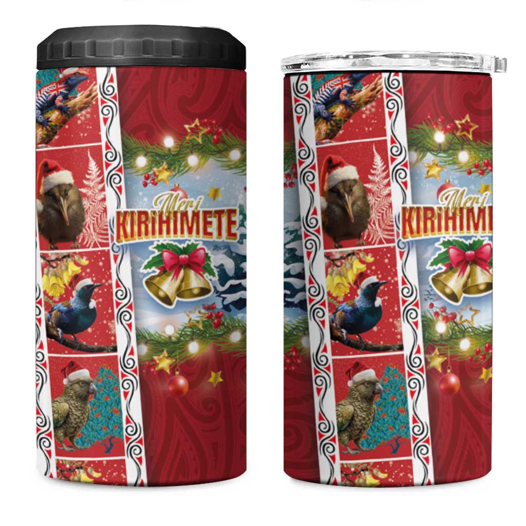 New Zealand Merry Christmas 4 in 1 Can Cooler Tumbler Maori Animals Xmas Style and Koru Tattoo Red Color