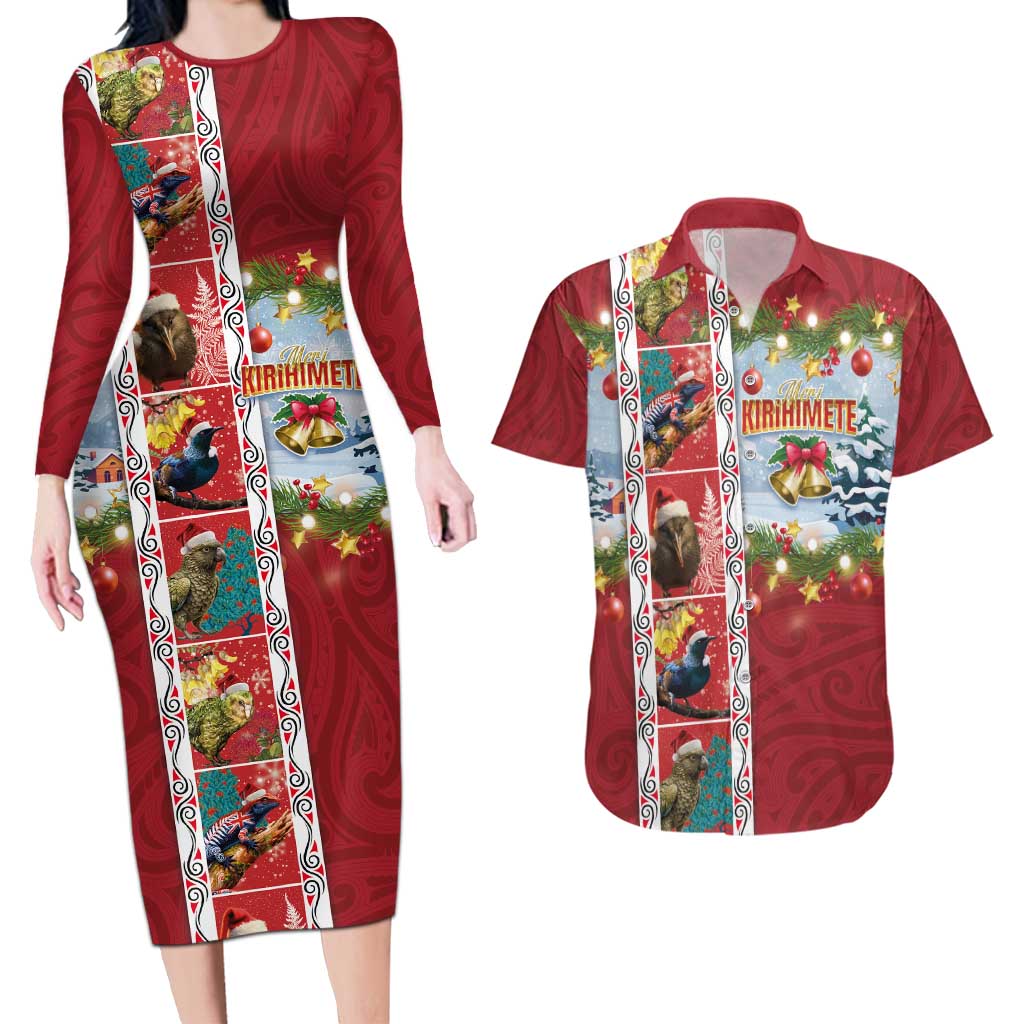 New Zealand Merry Christmas Couples Matching Long Sleeve Bodycon Dress and Hawaiian Shirt Maori Animals, Koru Tattoo - Red Xmas Style